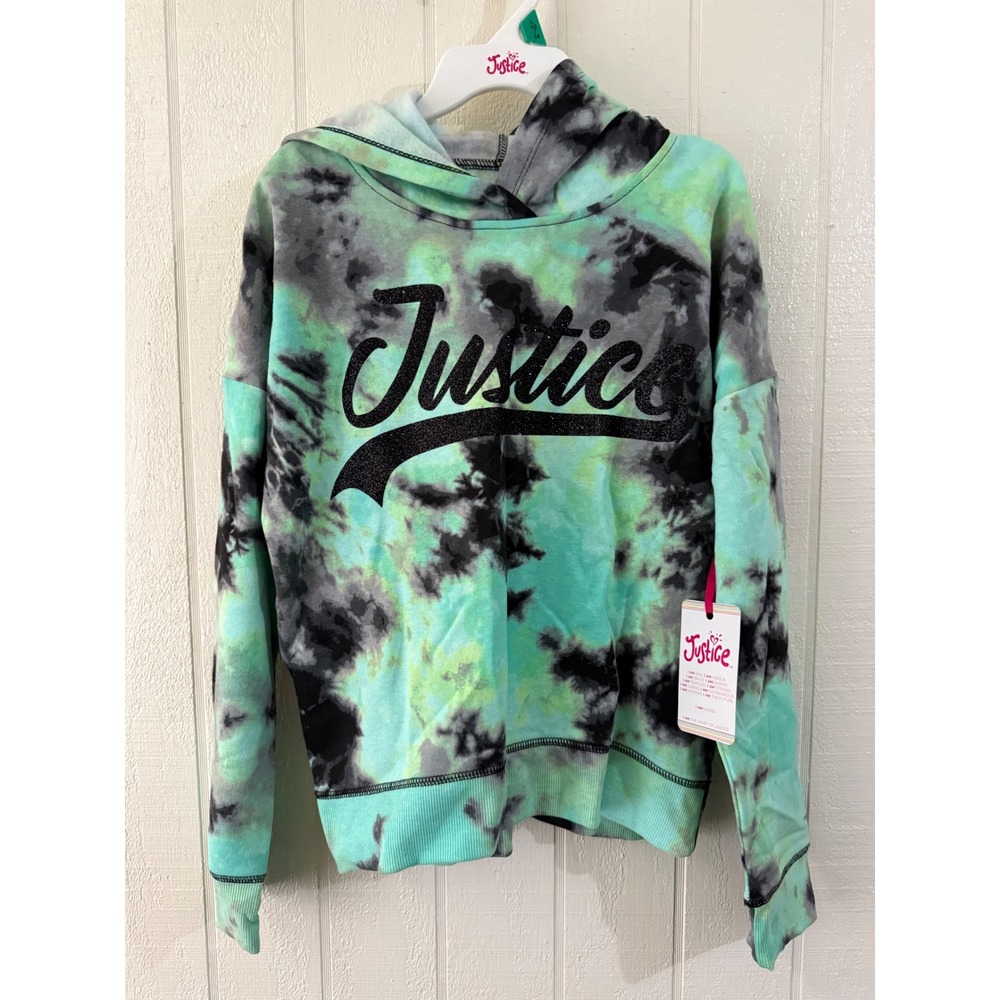 Justice Girls Tie Dye Hoodie Mint Green Black Glitter Logo Fleece Sweatshirt L